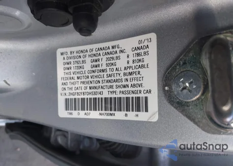 2013 Honda Civic Ex из США, поврежденный, VIN 2HGFB2F87DH530143